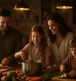 Uma família preparando a refeição de forma planejada
