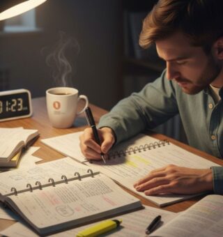 Um rapaz estudando na mesa, fazendo revisão para um concurso