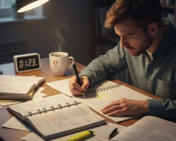 Um rapaz estudando na mesa, fazendo revisão para um concurso