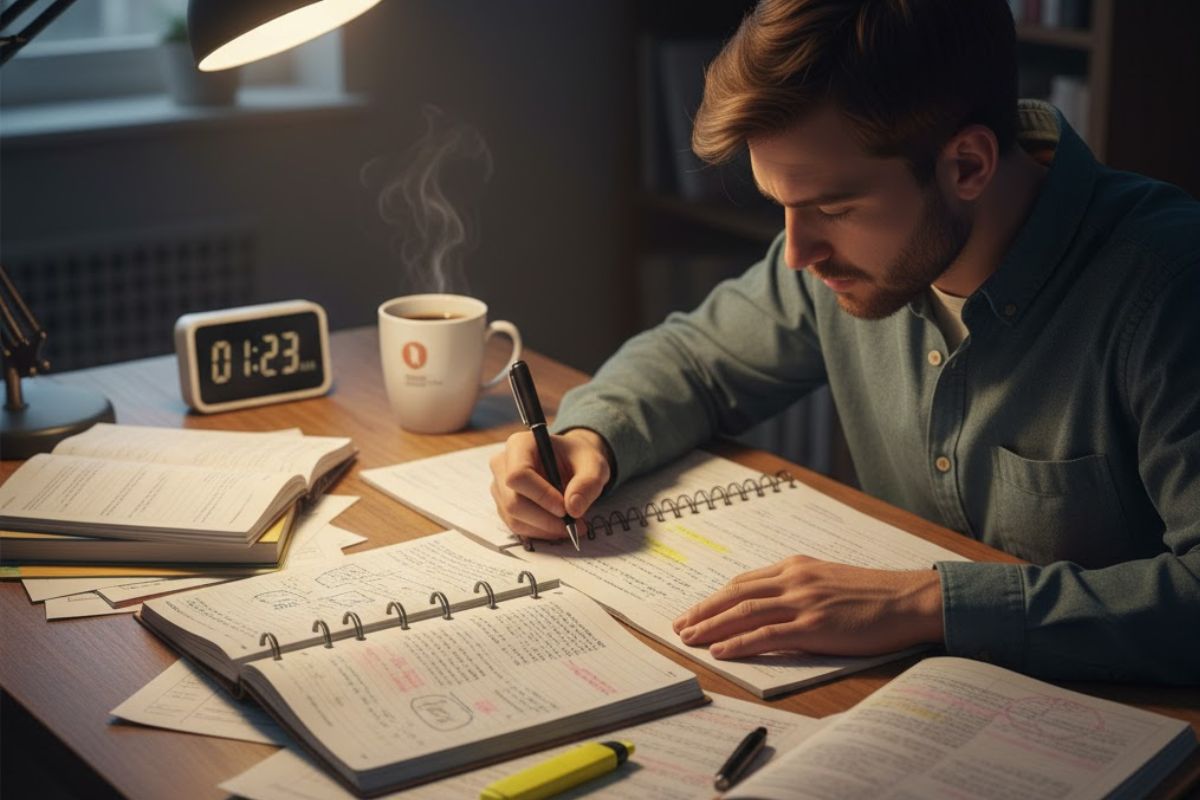Um rapaz estudando na mesa, fazendo revisão para um concurso