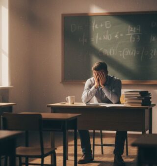 Um professor sofrendo de Transtornos mentais na sala de aula sozinho