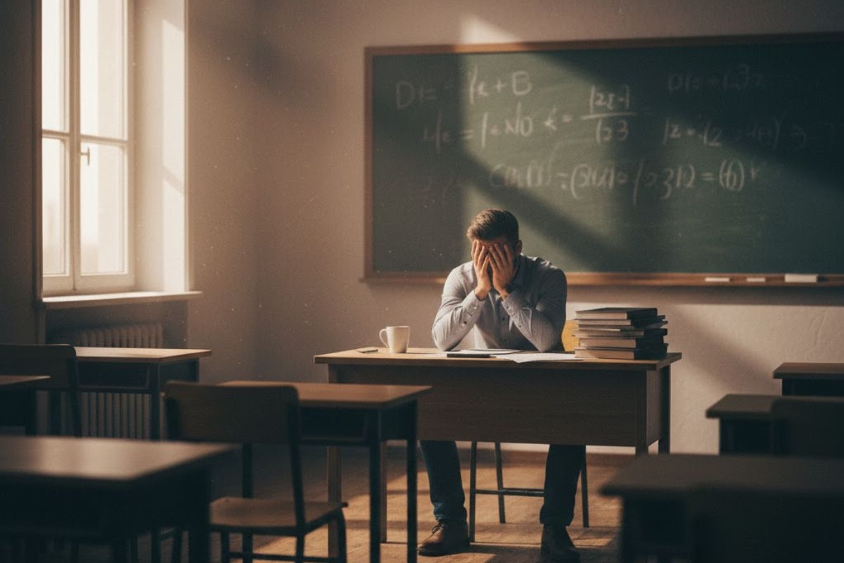 Um professor sofrendo de Transtornos mentais na sala de aula sozinho
