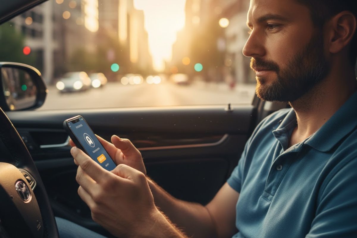 Motorista da Uber dentro do carro em frente ao volante