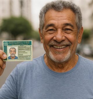 Um senhor idoso segurando sua CNH gratuita
