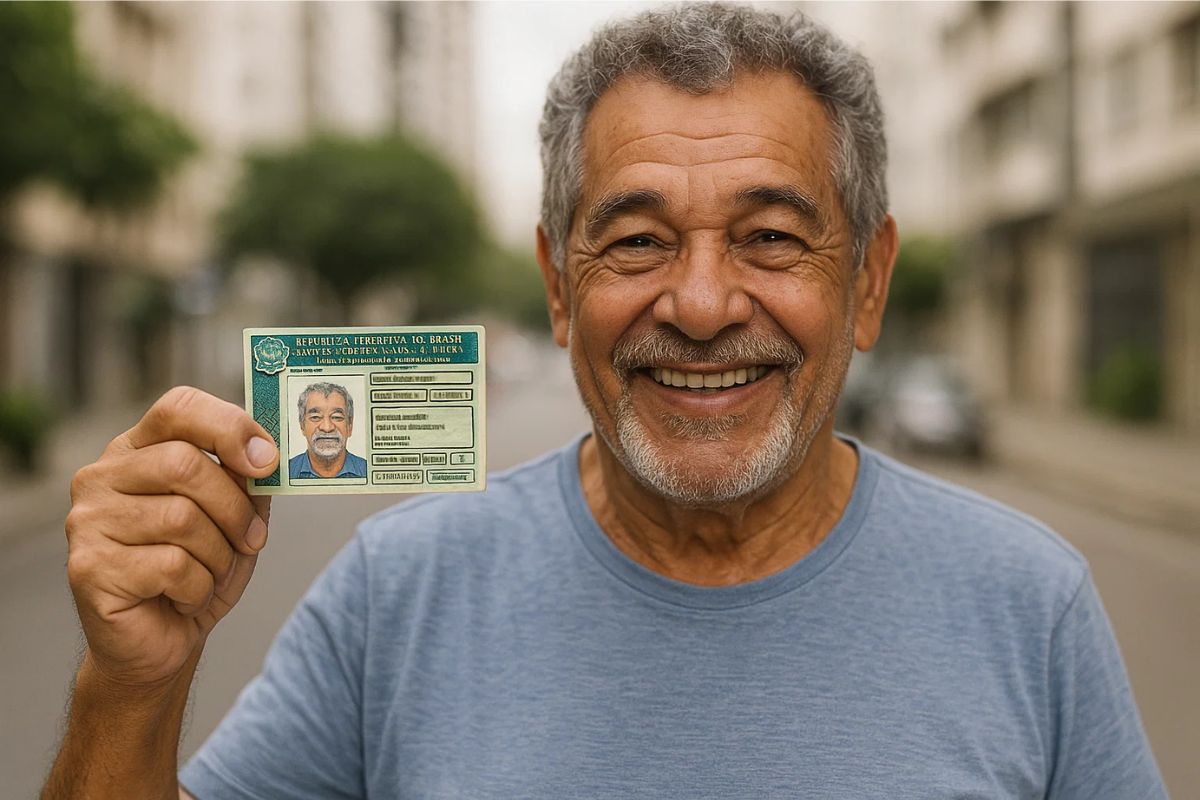 Um senhor idoso segurando sua CNH gratuita