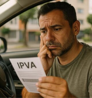 Um motorista no carro vendo a conta do IPVA