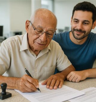 Um jovem ao lado de seu avô exercendo a nova regra do governo