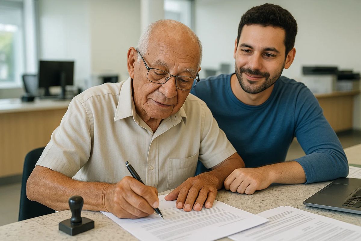 Um jovem ao lado de seu avô exercendo a nova regra do governo