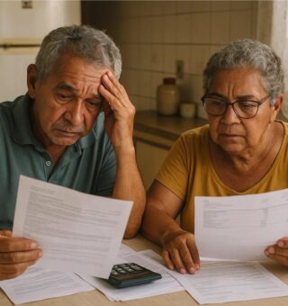 Salário de idosos diminuiu, um casal observa isso com papéis na mão