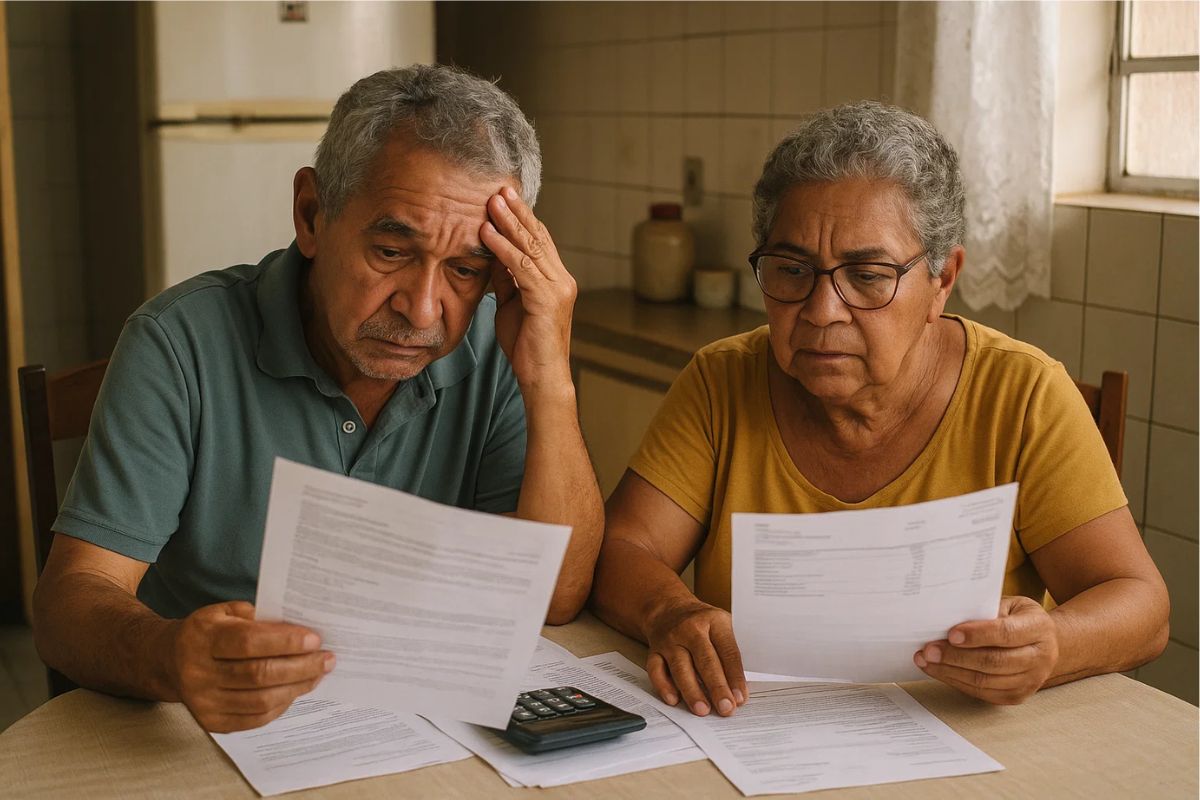 Salário de idosos diminuiu, um casal observa isso com papéis na mão