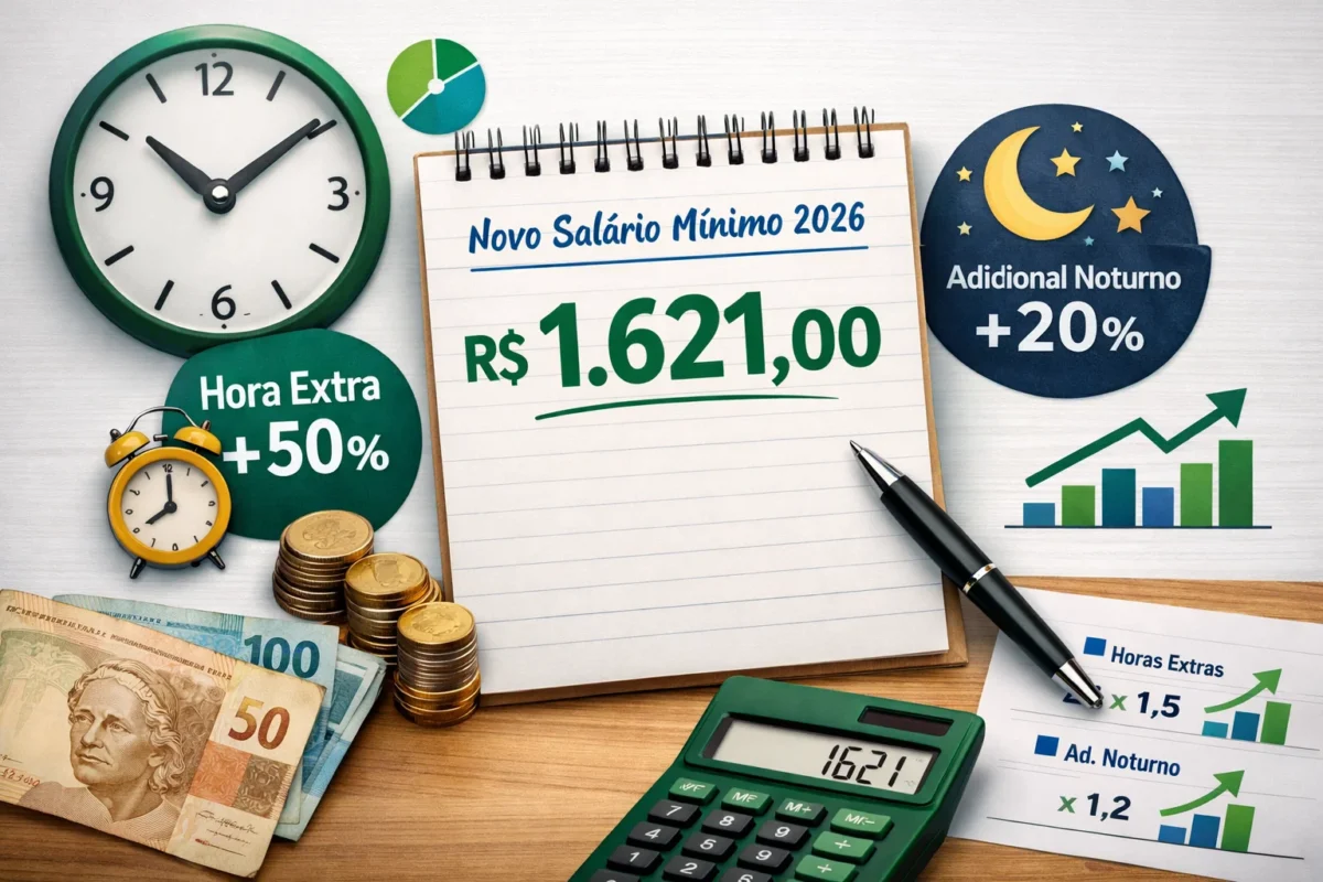 Salário Mínimo de R$ 1.621: Veja quanto vale sua hora extra e o adicional noturno em 2026