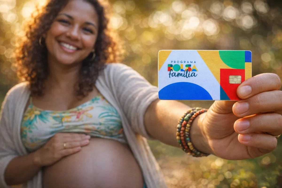 Uma gestante beneficiada, segurando o cartão do Bolsa Família pensando no pagamento do mÊs de fevereiro