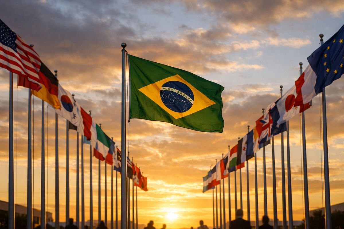 Bandeira do Brasil no centro e outras bandeiras de países diversos ao lado em duas filas