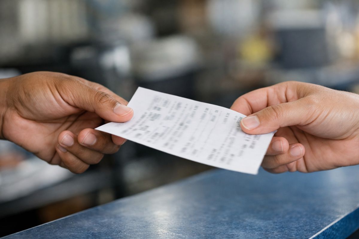 Uma pessoa passando a nota fiscal para outra