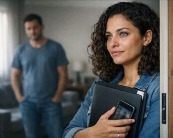 Um casal dentro de casa conversando sobre FGTS e comunhão de bens, uma mulher olha para fora enquanto segura uma pasta