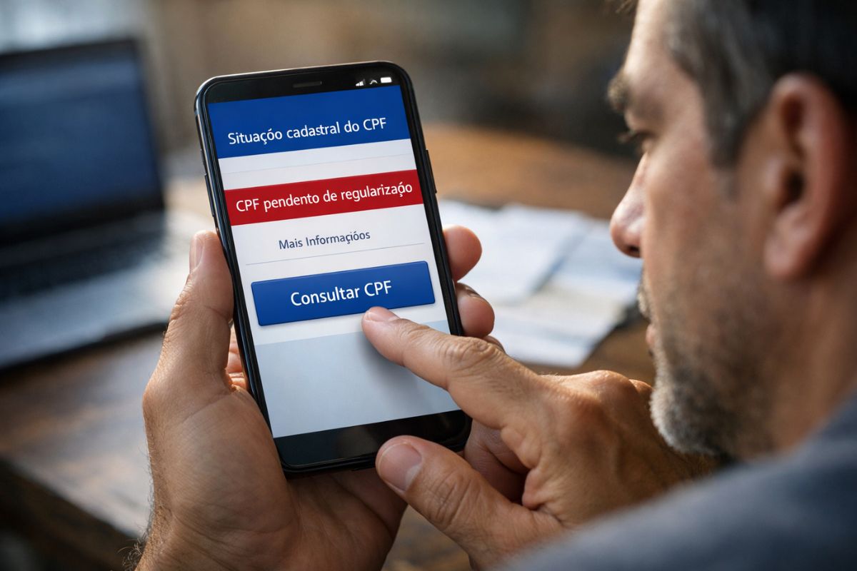 Um homem olha no celular se a Receita Federal cancelou seu CPF