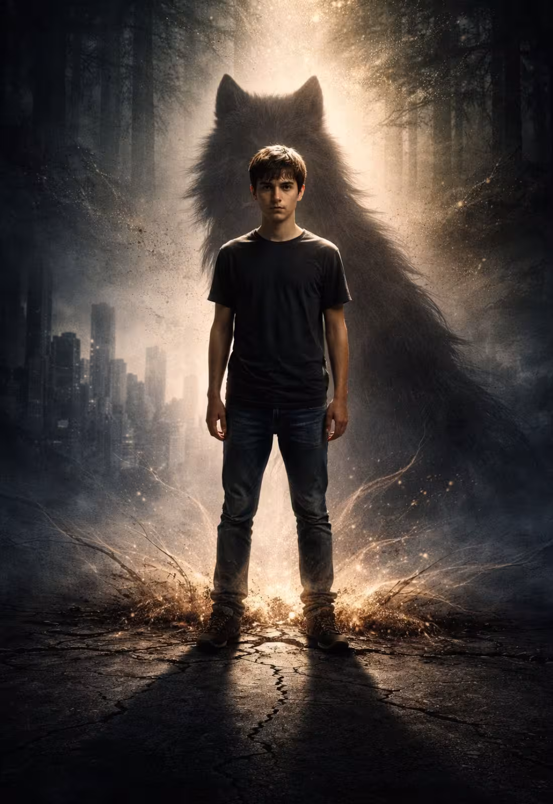 Um jovem Therian com a sombra de um lobo atrás das suas costas