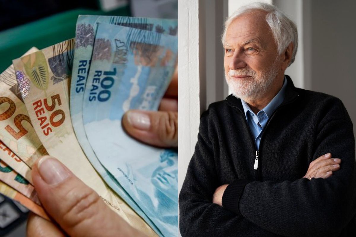 Um senhor (à direita), e notas de reais (á esquerda) referentes à aposentadoria