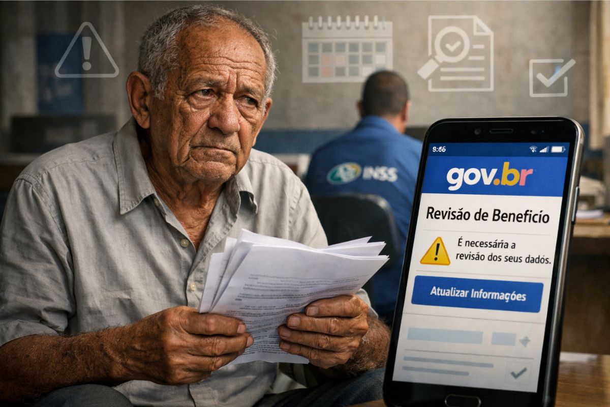 Um senhor aguardando para entrar no BPC com os documentos na mão
