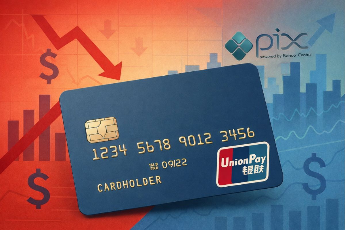Cartão da UnionPay ao lado direito a logo do PIX. À esquerda um lado vermelho representa a queda da Visa e Mastercard