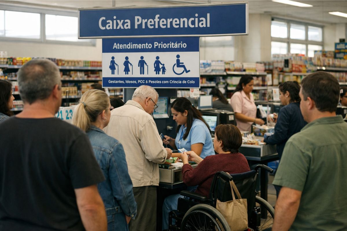 Algumas pessoas na fila do supermercado