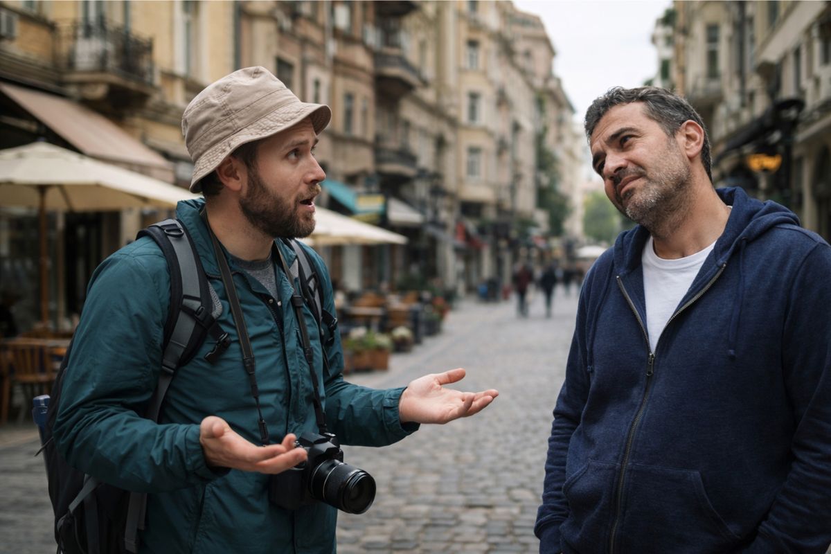 Um turista conversa com o local na rua: Nessa cidade o “não” é “sim” e vice-versa
