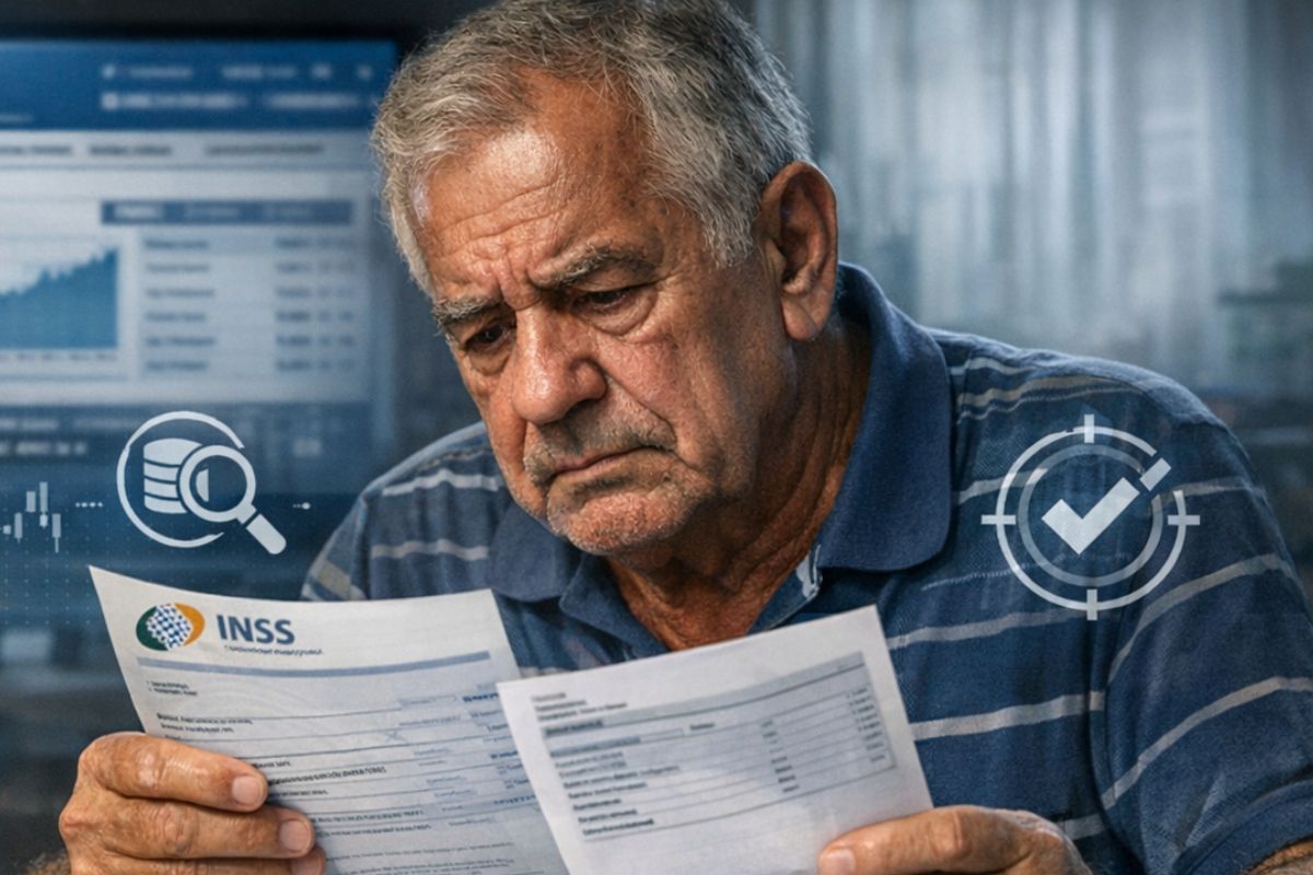 Um senhor analisando os documentos para o pente-fino do INSS não pegá-lo