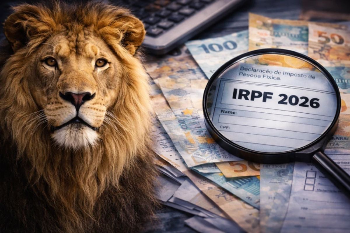 Leão do imposto de Renda com lupa apontando para IRPF 2026