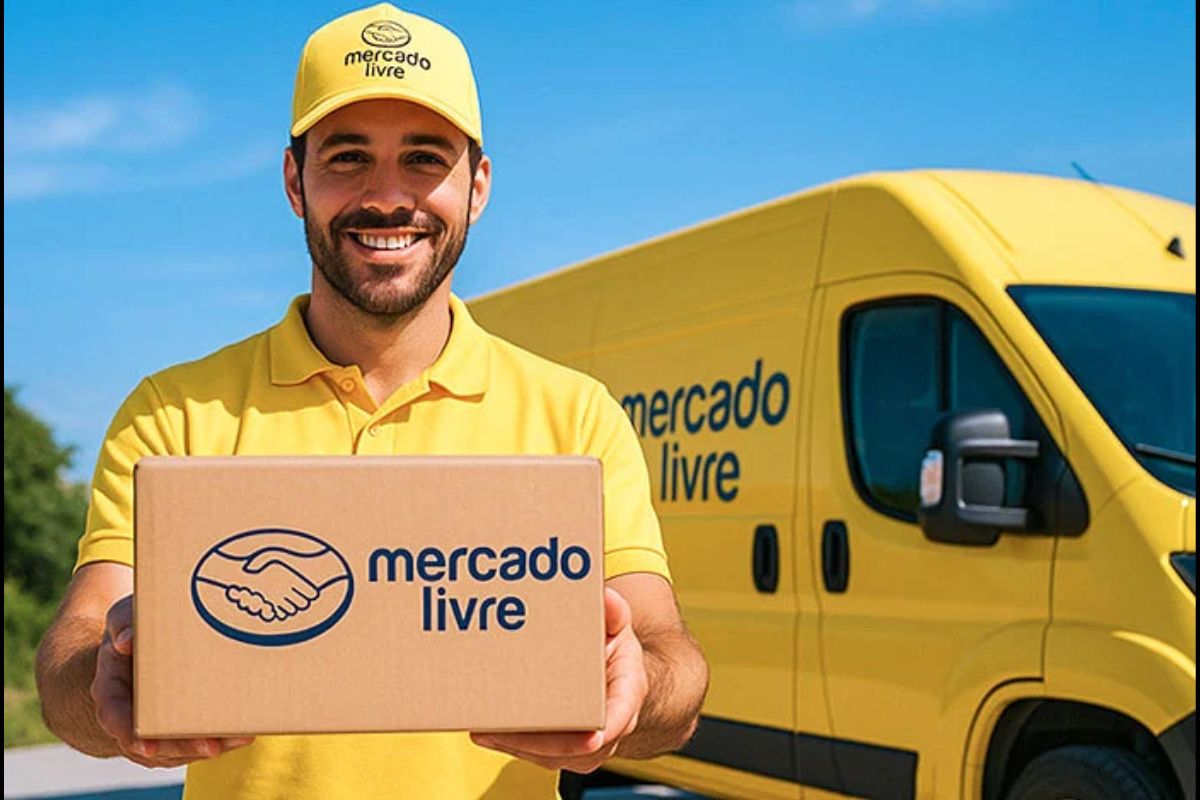 Um entregador do Mercado Livre segurando uma caixa de entrega