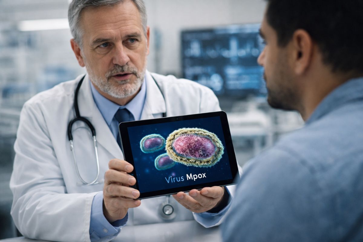 Médico mostra ao paciente o que é Mpox em uma tela de tablet
