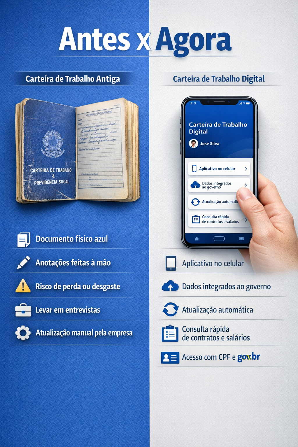 Nova carteira de trabalho ao lado da antiga, em uma comparação