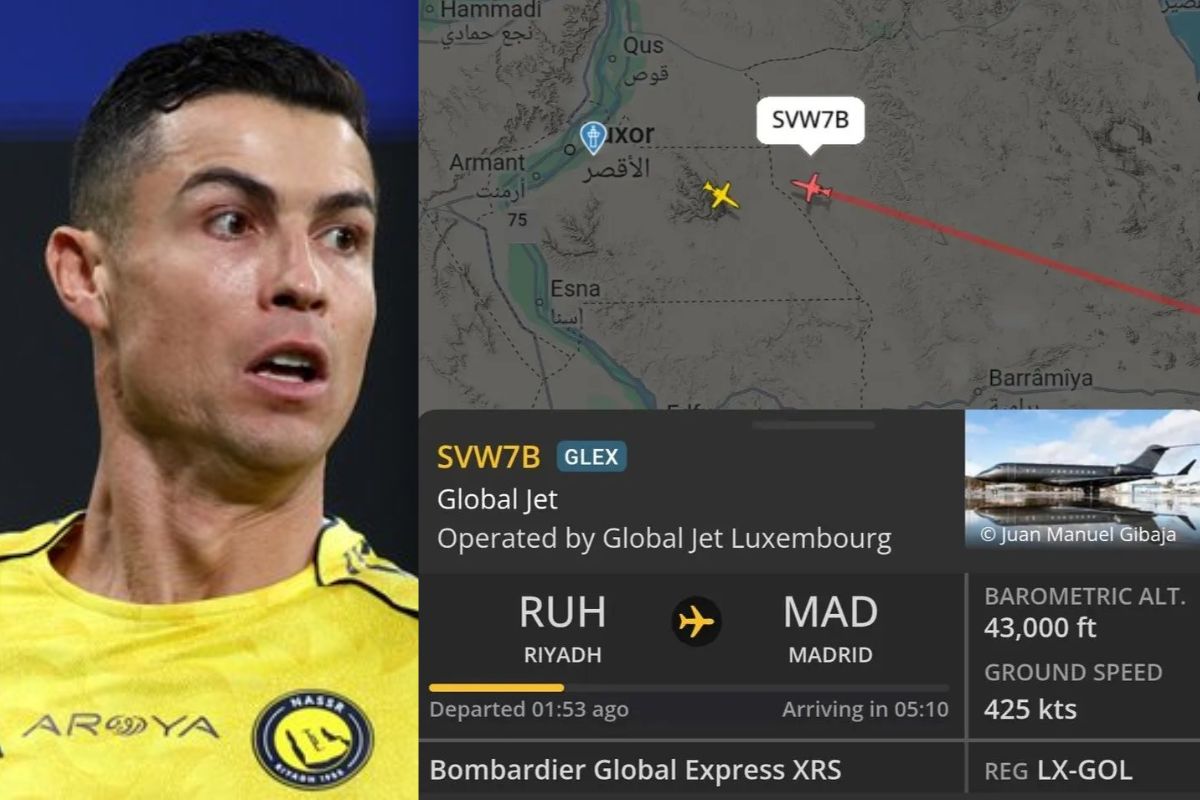 Cristiano Ronaldo à esquerda, à direita o registro do voo de seu jato