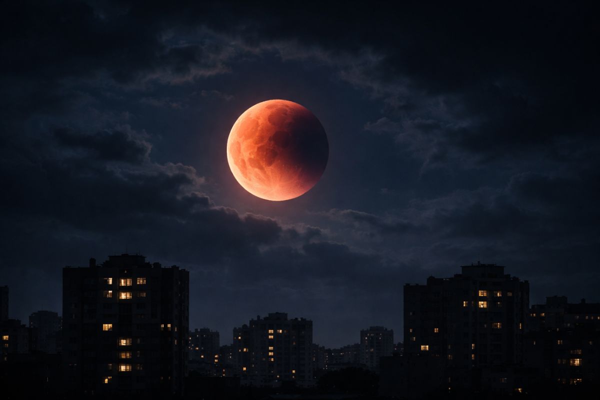 Eclipse lunar ocorrendo à noite em uma cidade 