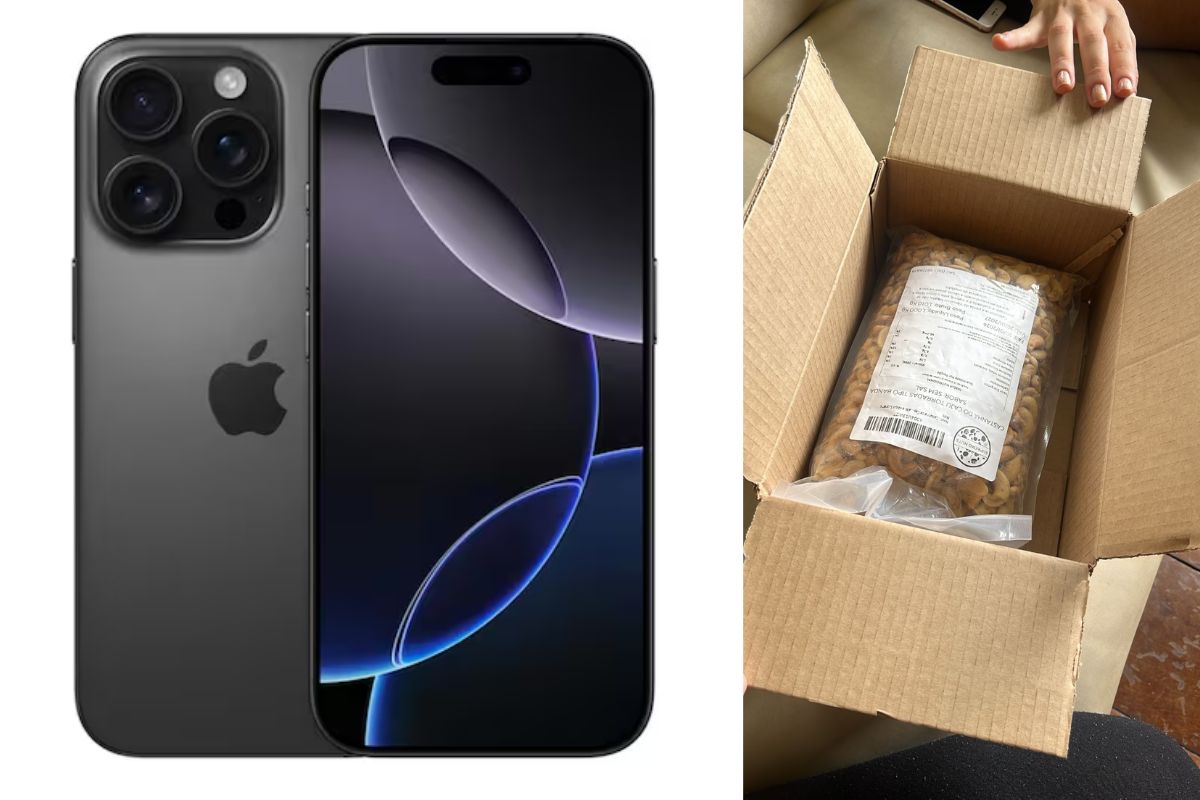 iPhone 16 ao lado de uma caixa de papelão (à direita)