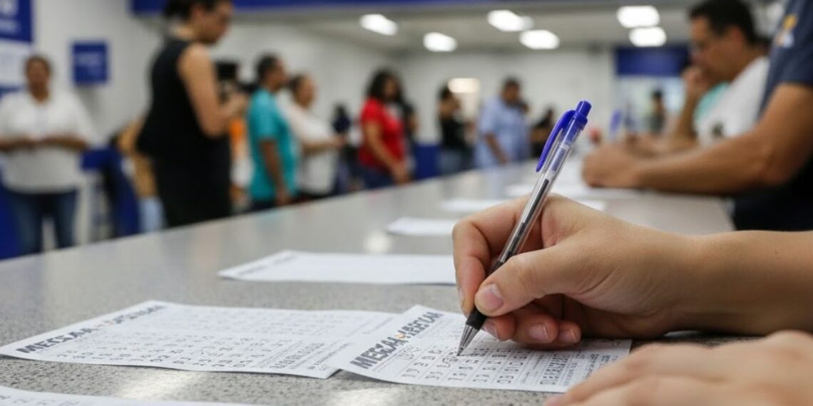 Uma pessoa preenchendo bilhete da Mega-Sena na lotérica