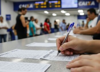 Uma pessoa preenchendo bilhete da Mega-Sena na lotérica