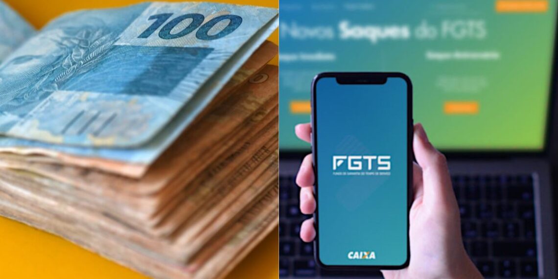Aplicativo do FGTS e um maço de dinheiro