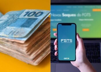 Aplicativo do FGTS e um maço de dinheiro