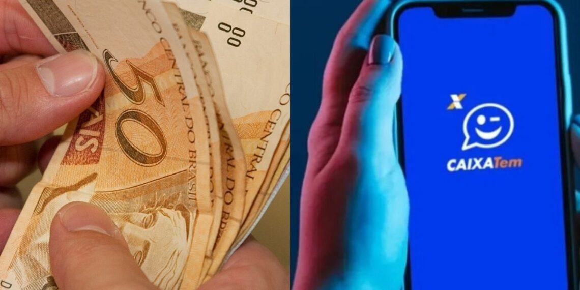 Notas de R$ 50 ao lado uma imagem do aplicativo Caixa Tem na mão de uma pessoa