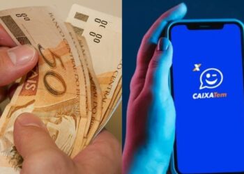 Notas de R$ 50 ao lado uma imagem do aplicativo Caixa Tem na mão de uma pessoa