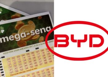 Bilhete de Mega-Sena 2991 ao lado do logo da BYD