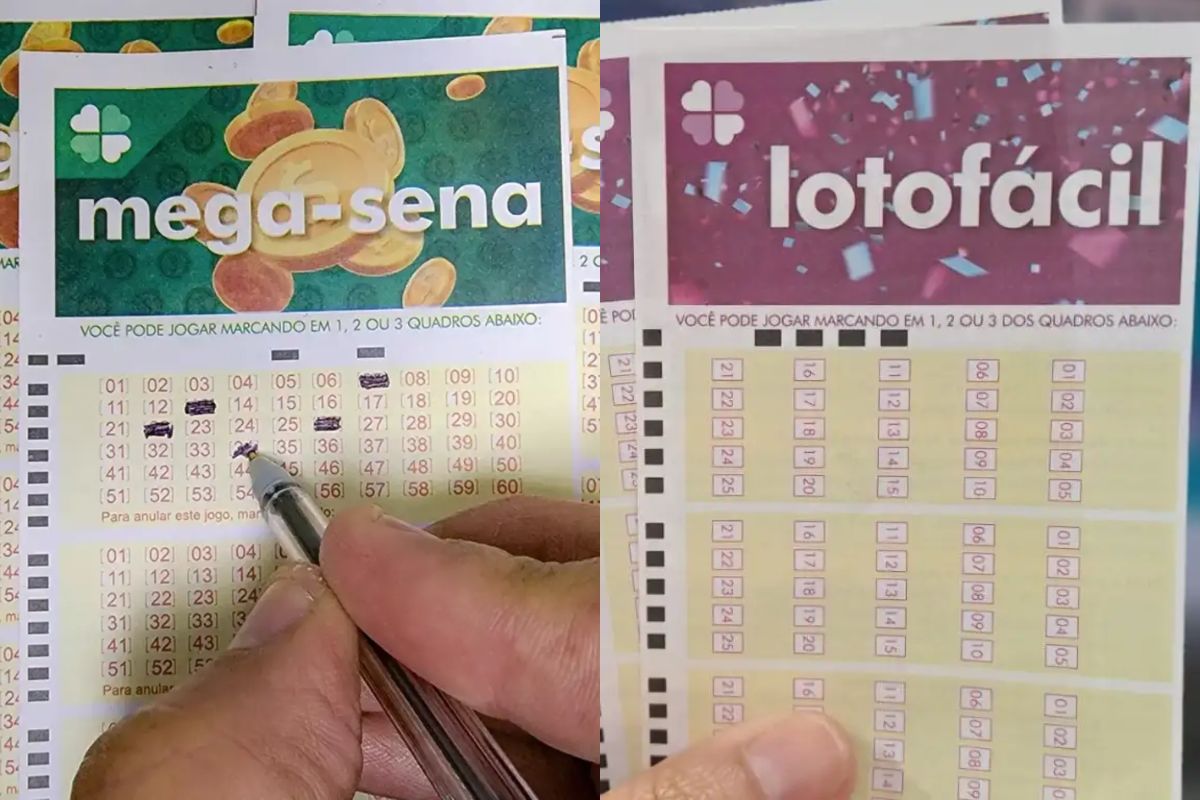 Bilhete da Mega-Sena 2992 ao lado de um bilhete da Lotofácil
