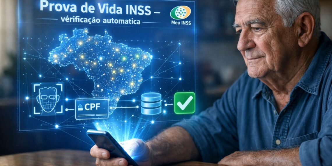 Um senhor mexe no celular fazendo a prova de vida