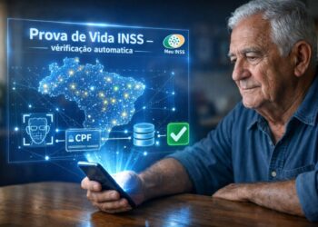 Um senhor mexe no celular fazendo a prova de vida