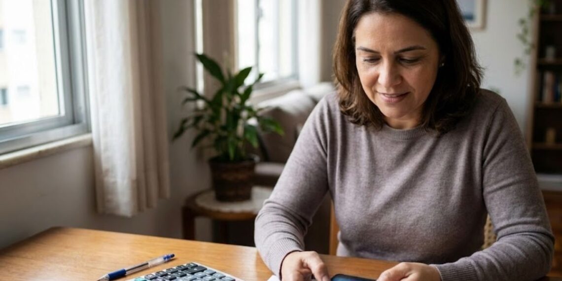 Uma mulher organiza as dívidas no celular