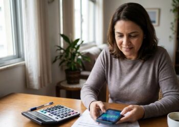Uma mulher organiza as dívidas no celular
