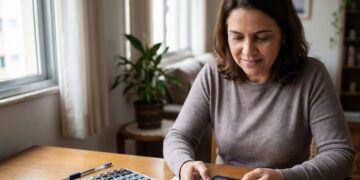 Uma mulher organiza as dívidas no celular