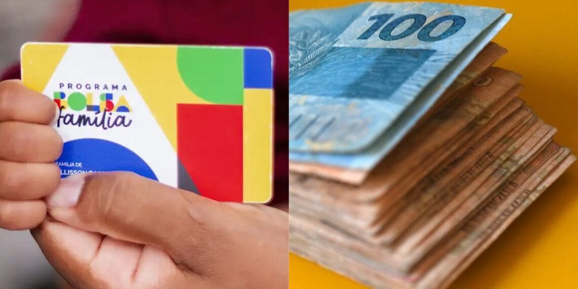 Cartão do Bolsa Família na mão de uma criança ao lado do dinheiro do benefício