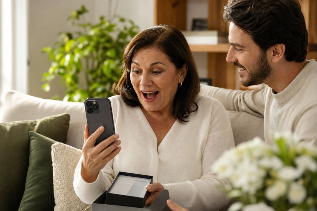 Uma mãe recebe um celular de presente no dia das mães