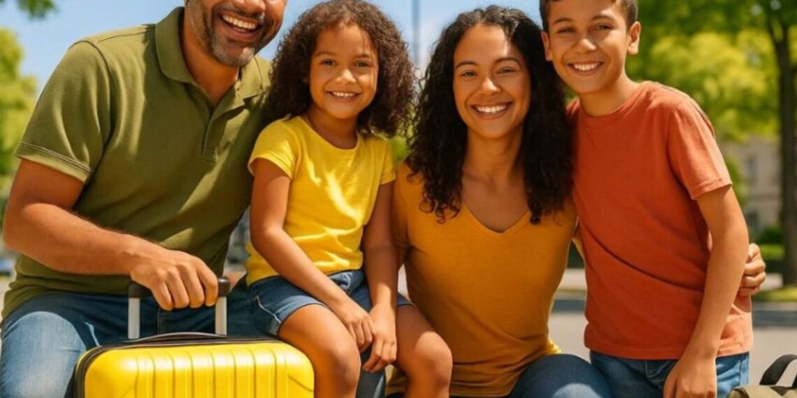 Uma família se preparando para viajar no superferiado